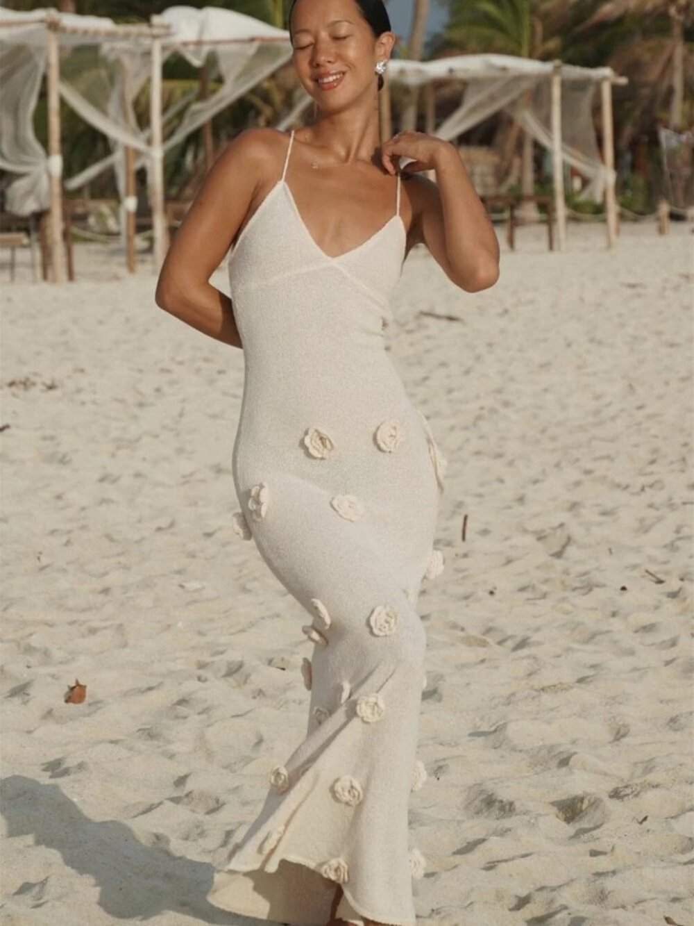 Shein Knit Maxi Dress 3D Floral Appliqué Evening Gown